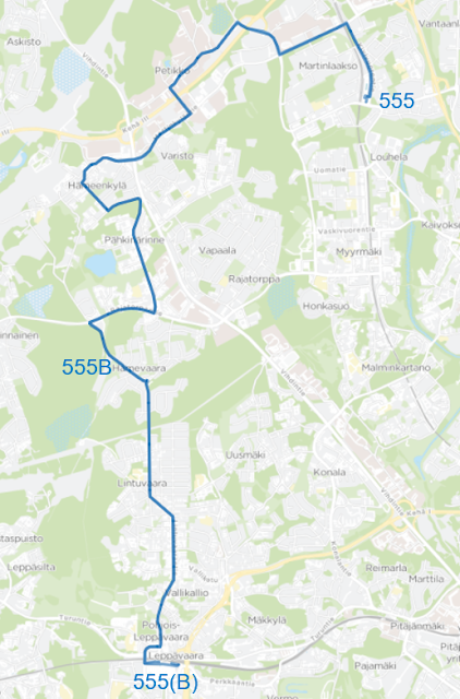 Linjan 555 suunniteltu reitti.