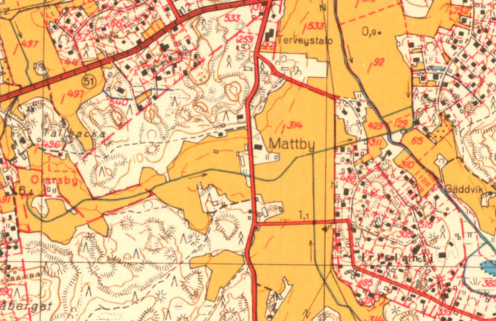 Kartta Matinkylän kartanon alueesta noin 1960.