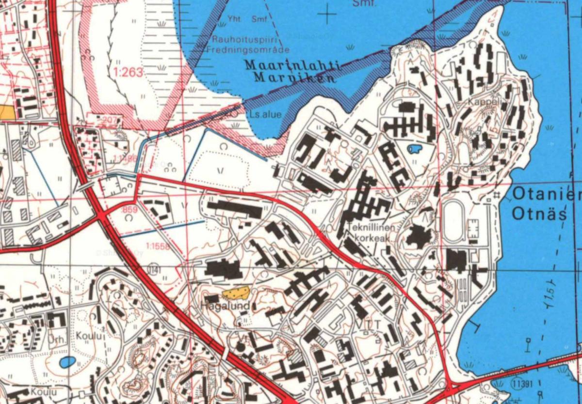 Kartta Otaniemestä 1991.